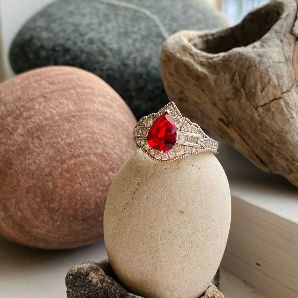 Ruby Red Sterling Silver Pavé CZ Cocktail Ring Size 7